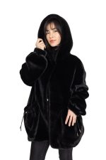 Manteau en effet fourrure à capuche Royal Mocha Noir