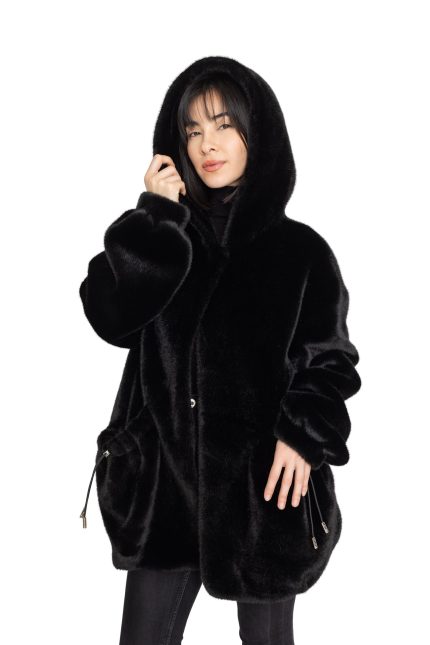 Manteau en effet fourrure à capuche Royal Mocha Noir