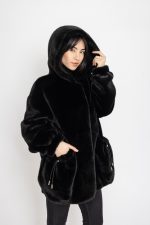 Manteau en effet fourrure à capuche Royal Mocha Noir – Image 5