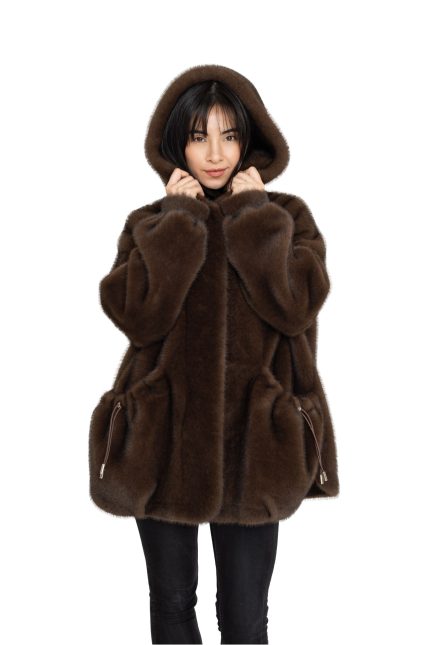 Manteau en effet fourrure à capuche Royal Mocha marron