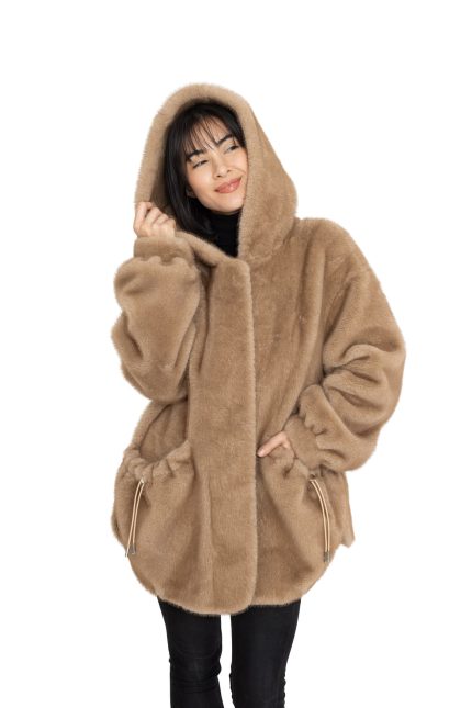 Manteau en effet fourrure à capuche Royal Mocha Beige